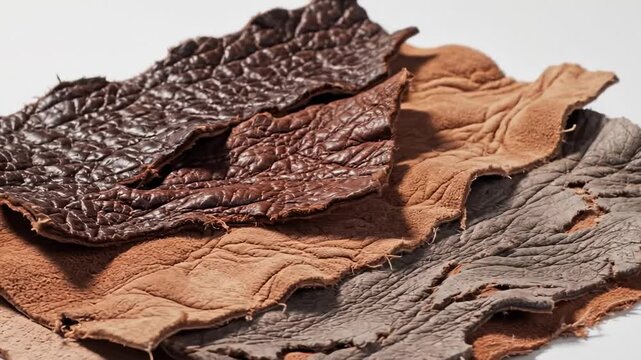 Close-Up of Textured Leather Scraps in Various Earthy Tones on White Background