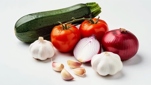 Fresh healthy vegetables including tomatoes zucchini garlic and red onion on white background