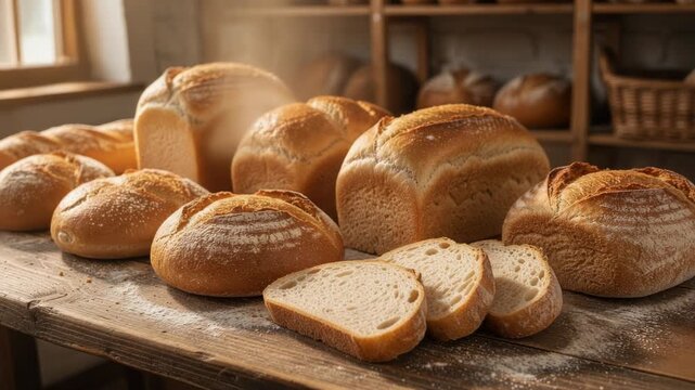 Freshly baked artisanal bread loaves and slices on wooden table in rustic bakery