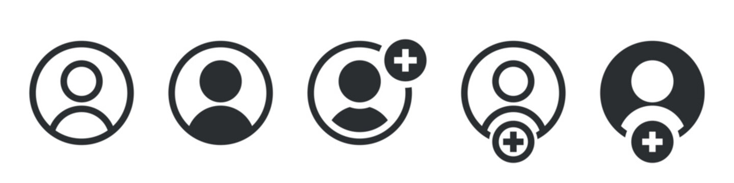 User profile icon and add member icon symbol, featuring human avatar with plus sign representing account, signup, registration and user management in minimal modern interface style.