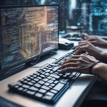 Diverse hands typing on keyboard with creative coding project