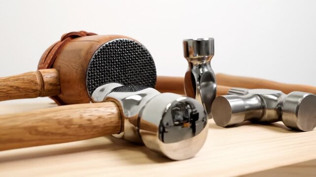 Assortment of Metal and Wood Hammers and Mallets on a Wooden Surface