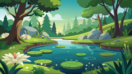 A serene cartoon illustration of a peaceful forest pond with water lilies and lush green scenery © CreativeKamrul
