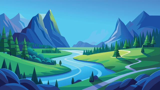 A serene vector illustration of a winding river flowing through a lush green valley with mountains