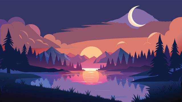 A serene flat vector landscape illustration featuring a sunset over a mountain lake and crescent moon