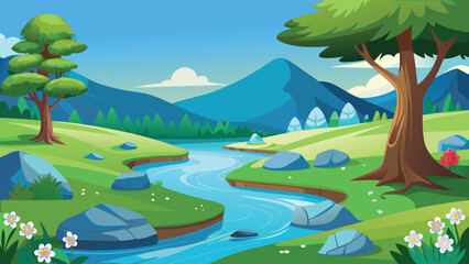 Naklejka premium A serene cartoon landscape featuring a winding river flowing through a lush green valley scenery