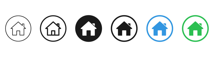 House home icons set in circle buttons with outline and filled styles, representing homepage, housing and navigation in web and mobile interfaces.