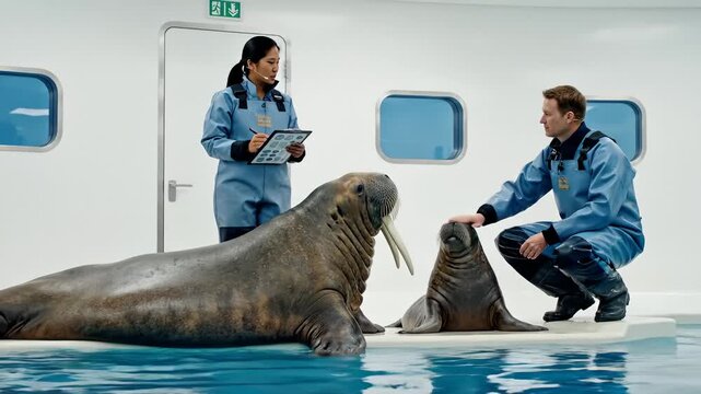 Zookeepers Feeding Walruses and Seal in Enclosure With Water and Modern Design