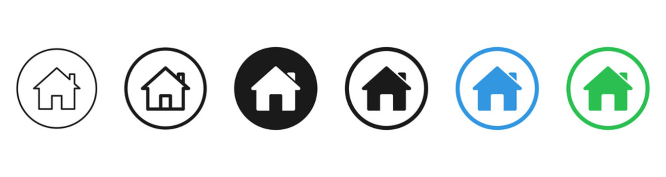 House home icons set in circle buttons with outline and filled styles, representing homepage, housing and navigation in web and mobile interfaces.