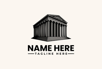 Vector illustration of a classic building icon with columns and a triangular roof, featuring placeholder text for a logo or pictogram on a plain background. © vectorvovdesign