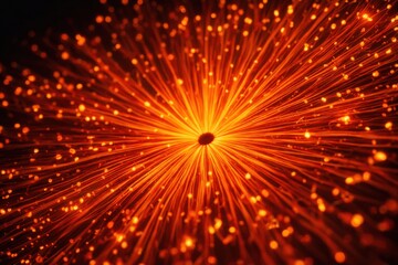 Abstract orange particle explosion with glowing energy rays forming dynamic digital technology background and futuristic power burst effect.