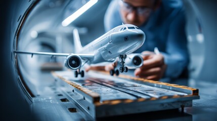 Fototapeta premium A wind tunnel engineer adjusting aerodynamic scale model aircraft mounted on testing rig. Concept of aircraft making.