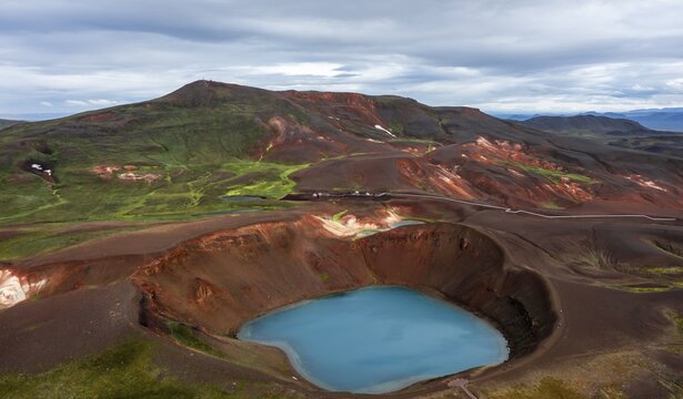 Aerial view of volcanic crater, volcanic lake, crater lake Viti at central volcano Krafla, Myvatn, North Iceland, Iceland
