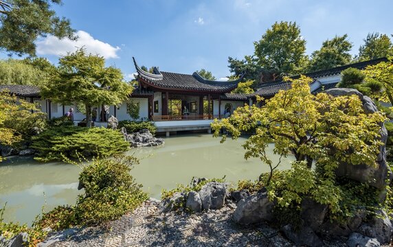 Garden with pond, Traditional Chinese Pagoda in the Dr. Sun Yat-Sen Classical Chinese Garden, Vancouver, British Columbia, Canada