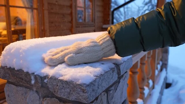 Hand in knitted mitten shakes fresh powder snow from stone and wood railing outdoors during winter weather