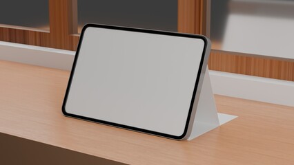 Fototapeta premium Tablet Mockup on Modern Desk Interior Scene with Minimal Objects, Blank Digital Screen Template for UI UX Design and Application Interface Display