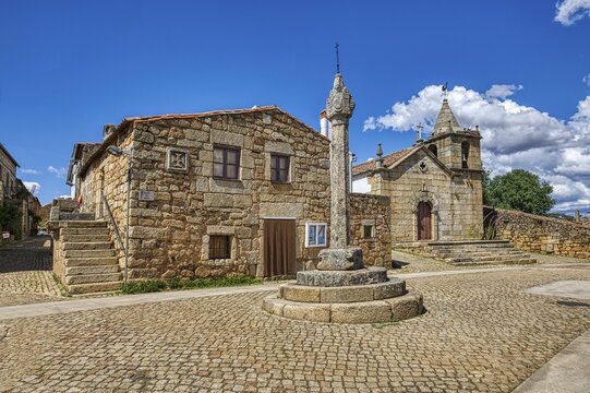 Stone pillory and Main Church, Idanha-a-Velha village, Serra da Estrela, Beira Alta, Portugal