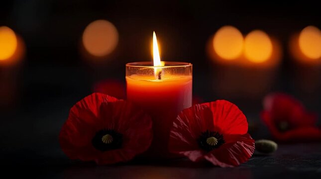 A lit candle surrounded by red poppies. The scene evokes remembrance and honor for fallen soldiers on Anzac Day and Memorial Day.