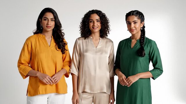 Three Diverse Women Posing in Stylish Ethnic Wear Against White Background