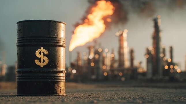 A black oil barrel with a dollar sign stands in the foreground. An oil refinery emits flames and smoke in the background. The scene reflects geopolitical tensions and oil prices.