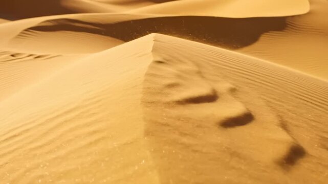 Golden Sand Dunes Shifting Under Wind With Grains Blowing in the Air, Close Up