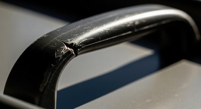Macro shot of a damaged black plastic handle with visible cracks and scratches, highlighting signs of age and use