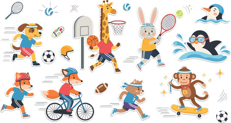 Cute Cartoon Animals Playing Sports Illustration Set Featuring Dog, Fox, Rabbit, Giraffe, Monkey and Penguin in Football, Basketball, Tennis, Swimming and Cycling Activities