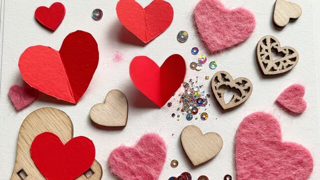 Assortment of Valentine Hearts in Various Materials and Colors Scattered on White Surface