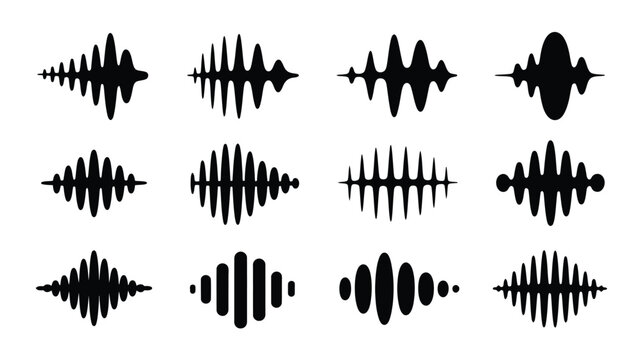 Sound wave silhouettes in black on white background audio signal waveforms music or voice frequency patterns
