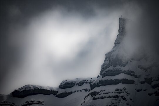Peak of Hohen Ifen in the fog, Rietzlern, Kleinwalsertal, Vorarlberg, Austria