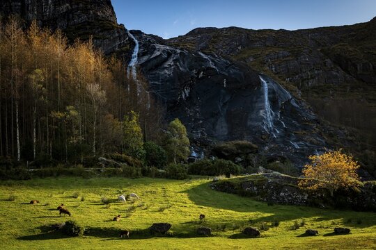 Waterfall in autumn landscape, Gleninchaquin Park, Kenmare, County Kerry, Ireland