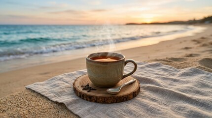 Steaming cup of tea on sandy beach at sunset. Ceramic mug with hot beverage on wooden coaster over linen fabric. Peaceful seaside morning or evening relaxation and summer leisure concept.