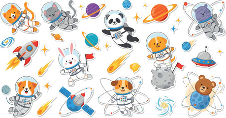 Cute Astronaut Animals Space Adventure Illustration Set Featuring Dog, Cat, Panda, Rabbit, Bear in Spacesuits with Rockets, Planets and Galaxy Elements © Shuvo