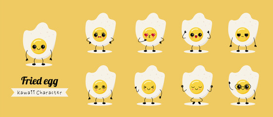 Fototapeta premium Fried eggs mascots. Funny chicken eggs characters with different emotions