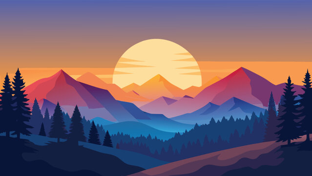 A vibrant digital illustration of a majestic mountain range at sunset with a lush pine forest front