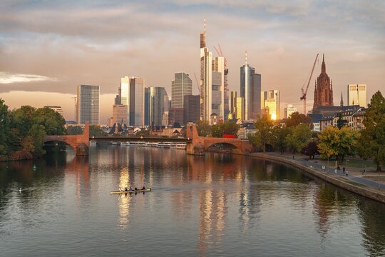 Skyline, skyscrapers in the banking district in the morning light, old bridge over the Main, rowers on the river, sunrise, autumn, Frankfurt am Main, Hesse, Germany