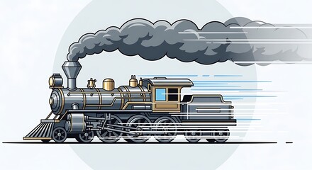 A cartoon steam train traveling quickly along a track