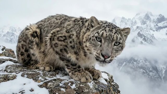 Snow leopard rests on a rocky surface, observing its surroundings with keen eyes, surrounded by snow-covered mountains and misty clouds in the background