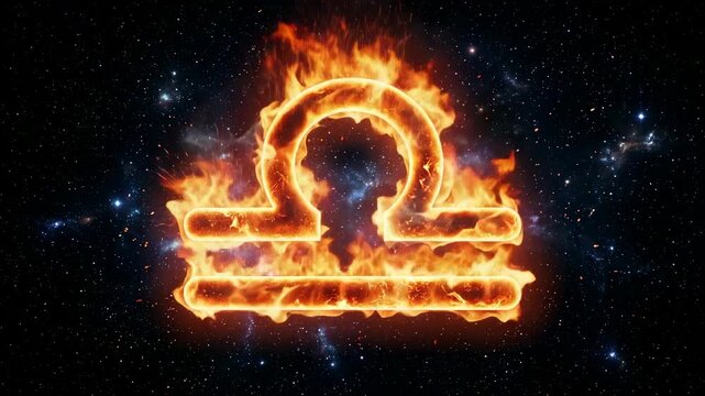 Fiery Libra symbol glows brightly against a cosmic backdrop, with flames intensifying and evolving in a captivating visual sequence