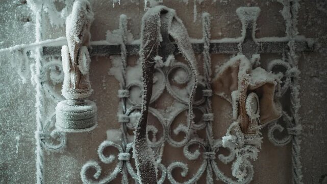 Frozen wroughtiron gate in nuclear winter, heavy hoarfrost coats ornate lock and scrollwork of sealed research facility entrance, rusted patina and ice crystals emphasize desolate atmosphere