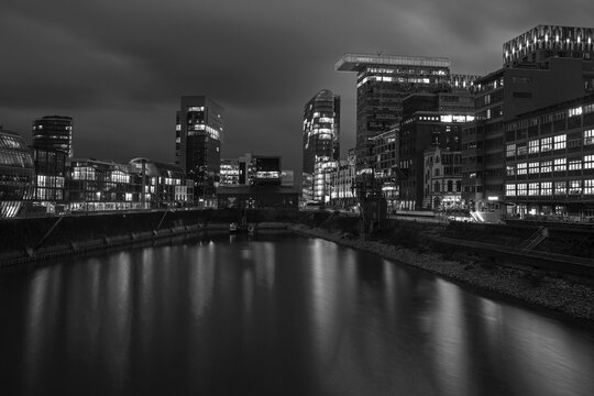 Ensemble of buildings at Medienhafen, PEC, SIGN!, old malt house, Colorium, Roggendorf House, night photograph, Medienhafen, D&uuml;sseldorf, North Rhine-Westphalia, Germany