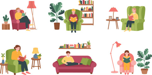 Fototapeta premium People reading books at home set, cozy armchair sofa reading lifestyle flat minimalist vector illustration collection for education and leisure