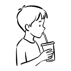 Dibujo sencillo con líneas de un chico joven bebiendo de un vaso de papel con una pajita, sujetándolo con una mano © teracreonte
