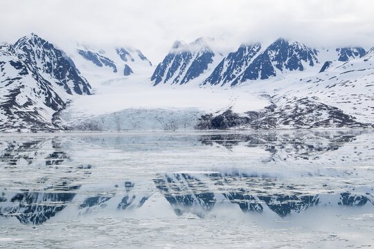 Monaco Glacier, reflected in the water, Liefdefjorden, Spitsbergen, Norway
