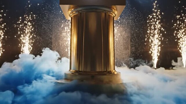 Ornate golden podium with sparkling effects and atmospheric fog