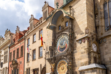 Obraz premium Prague Astronomical Clock Orloj on Old Town City Hall in Prague. Close view of the medieval clock face showing time, date, astronomical symbols, and zodiac signs.