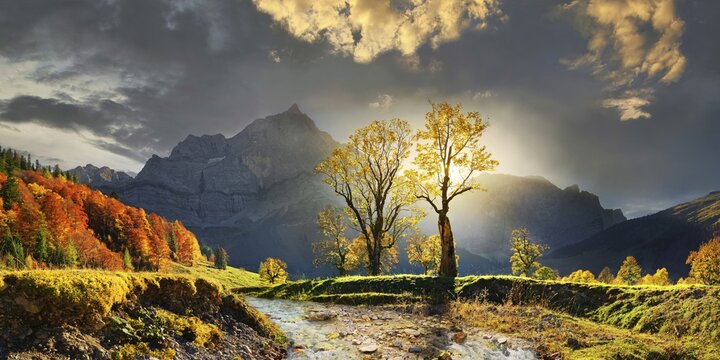 Gro&szlig;er Ahornboden Panorama with autumnal colourful gnarled maple trees in low sun below the Spritzkar and Grubenkar Karwendel peaks and Enger Bach riverbed in bizarre cloudy sky, Engalm, Engtal, Karwendel, Pertisau, Hinterri&szlig;, Tyrol, Austria