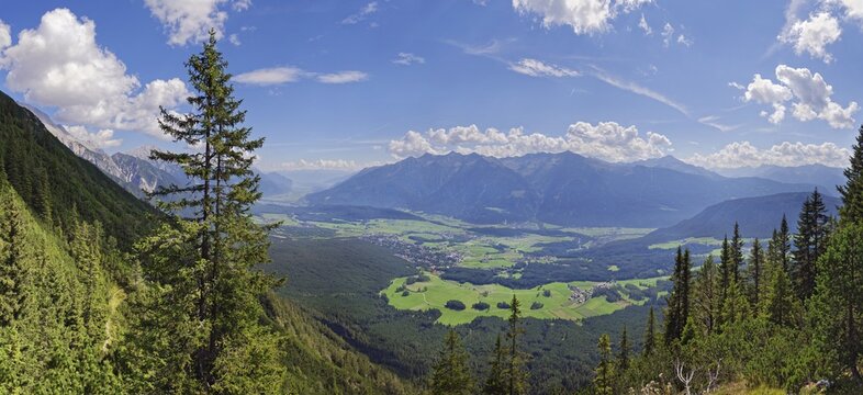 View into the Inn valley near Obermieming, Lacke viewing platform, Obsteig, Mieminger Gebirge, Tyrol, Austria