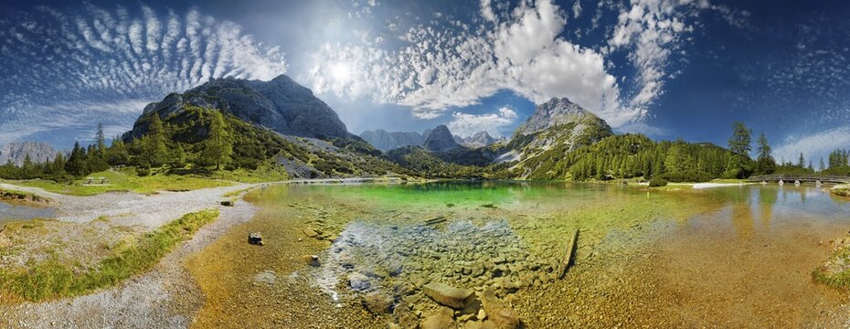 360&deg; mountain panorama with the turquoise Seebensee and the peaks of the Tajakopf, Drachenkopf and Wetterstein in a bizarre cloudy sky, Seebensee, Ehrwalder Alm, Ehrwald, Mieminger Gebirge, Tyrol, Austria