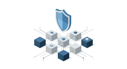 Cybersecurity network with shield protecting data blocks. © ssas